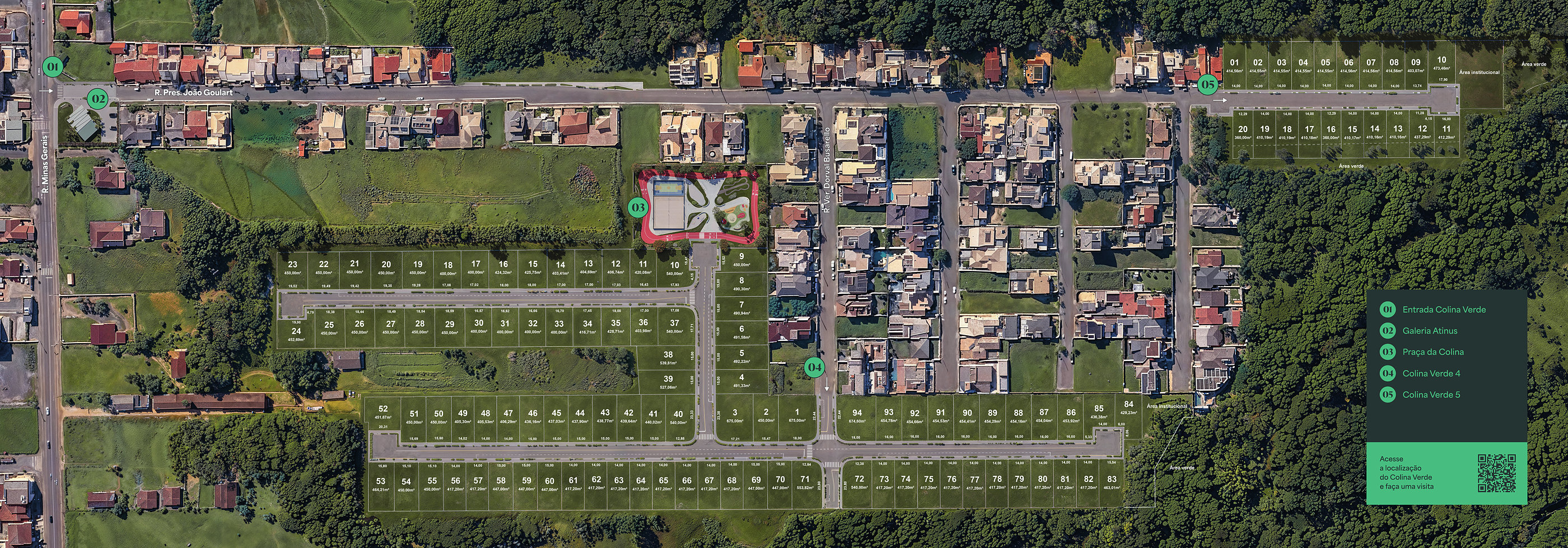 Mapa de implantação do Colina Verde com a entrada, Galeria Atinus, Praça da Colina e as fases 4 e 5