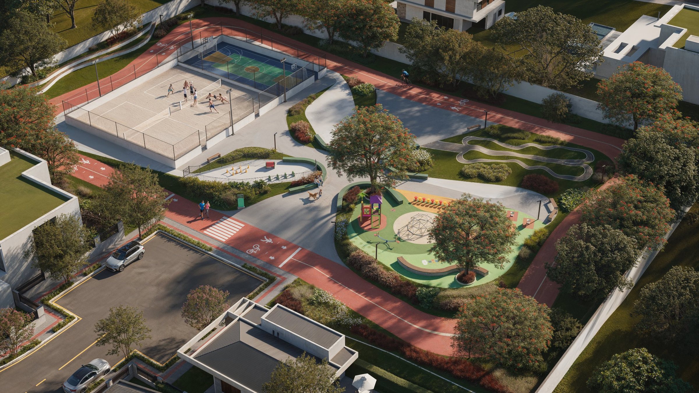 Vista aérea da Praça da Colina com quadras, pista, playground, Pet Place e Bike Flow