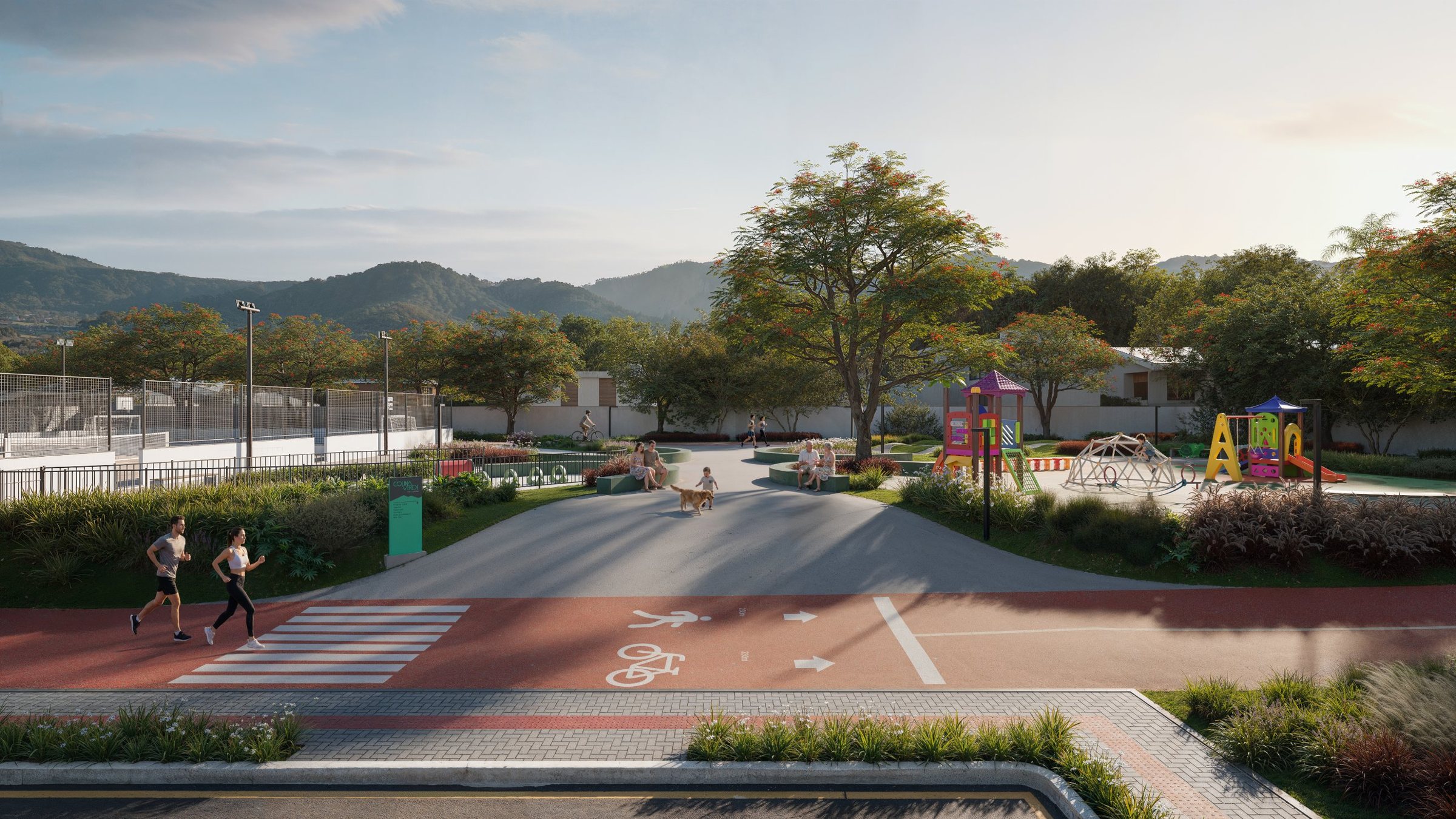 Pista de caminhada e ciclovia da Praça da Colina com o playground ao fundo